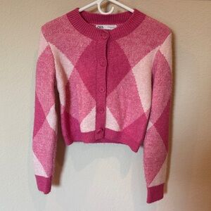 Zara Pink and Cream Argyle Cardigan